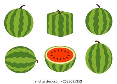 Composition of watermelon slices, cubes, seeds and whole fruit in one layout