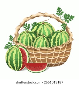 Zusammensetzung von Wassermelonen in einem Strohkorb und einer in Scheiben geschnittenen Wassermelone, einzeln auf weißem Hintergrund.Vektorgrafik.