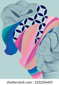 Composition of wavy lines. Hair in a hairstyle intertwined with cloth.