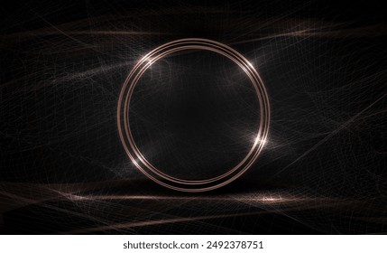 Composition with a wavy mesh pattern, a round frame in a golden tone.