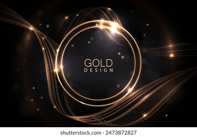 Composition with a wavy pattern and a round frame in a gold, copper tone on a black background.