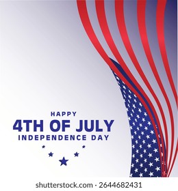 A Composition with a wavy up-to-down USA flag, the national symbol of America. 4th of July Independence Day banner poster and social media post design art and background. Advertisement card.