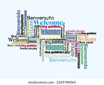 Composition of "Welcome" messages in many different written languages, black and colored text on white background