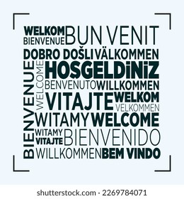 Composition of "Welcome" messages in many different written languages, black and colored text on white background