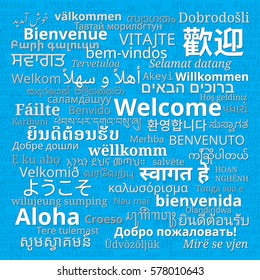 Composition of "Welcome" messages in many different written languages on blue background