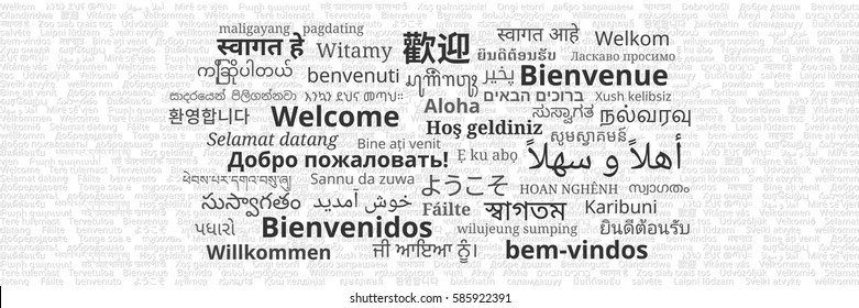 Composition of "Welcome" messages in many different written languages, black texts on white background
