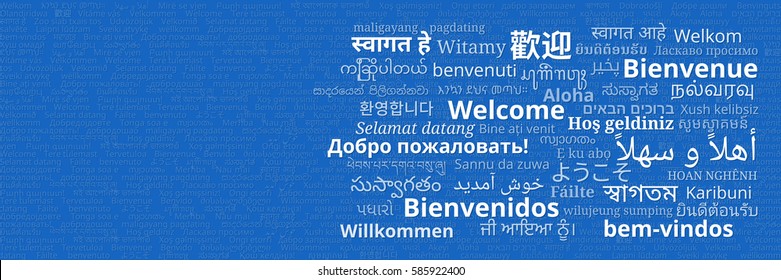 Composition of "Welcome" messages in many different written languages white texts on blue background