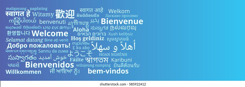 Composition of "Welcome" messages in many different written languages white texts on blue background