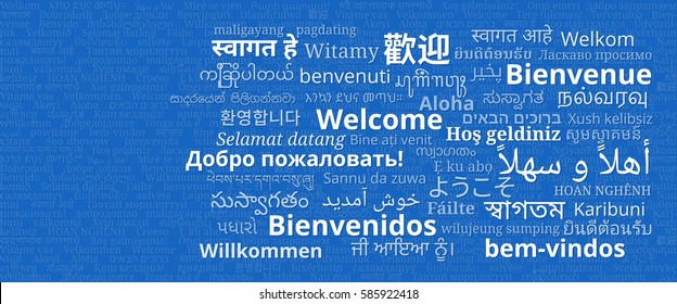 Composition of "Welcome" messages in many different written languages white texts on blue background