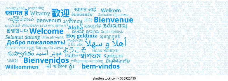 Composition of "Welcome" messages in many different written languages blue texts on white background