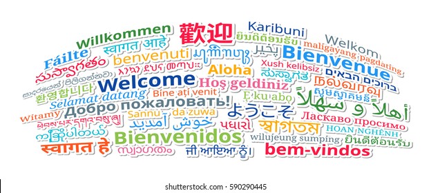 Composition of "Welcome" messages in many different written languages, isolated colorful texts. Vector Illustration.