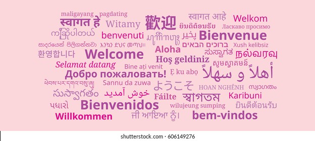 Composition of "Welcome" messages in many different written languages, Pinkish texts on pink rose background