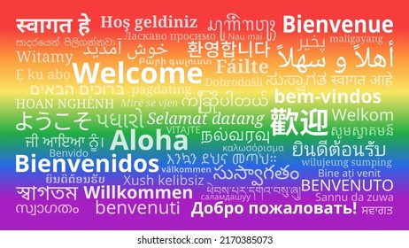 Composition of "Welcome" messages in world different written languages, White texts on colorful rainbow background