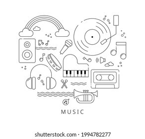 A composition in which musical instruments are gathered in a heart shape. Black line icon design on white background. flat design style minimal vector illustration.