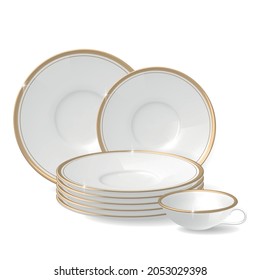 Composition of white plates and cup with gold rims of different sizes on a white background realistic vector illustration