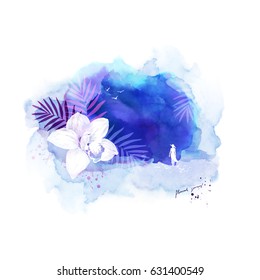 Composition with white silhouette of woman standing on the coast of tropical place. Banner with orchid on the abstract blue watercolor background.