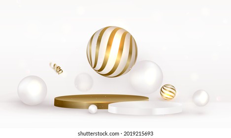 Composition with white spheres floating in empty room. Scene mockup, podium, pedestal. Realistic background for product presentation.