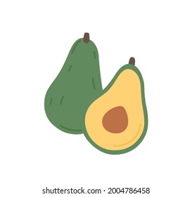 Composición de fruto de aguacate entero y de su media pieza cortada con núcleo y carne. Verdura verde cruda con semilla. Alimentos vegetarianos saludables. Ilustración vectorial plana aislada en fondo blanco