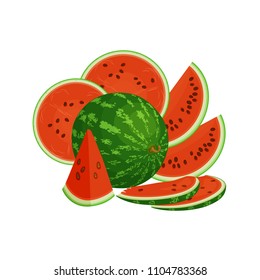Composition of a whole and cut watermelon. Vector still life. Cut and beautifully laid out watermelon.