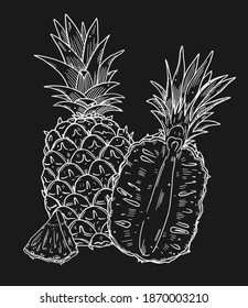 Composition of a whole and half cut pineapple fruit on background. White outline image on a black background. Doodle style.