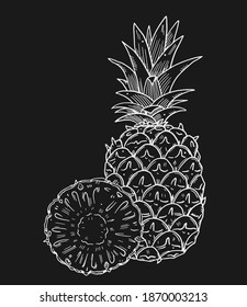 Composition of a whole and half cut pineapple fruit on background. White outline image on a black background. Doodle style.