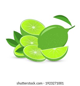 Composition of whole, half and quarter limes with green leaves isolated on white background.