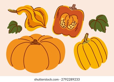A composition of whole and halved pumpkins with pulp and seeds among green pumpkin leaves
