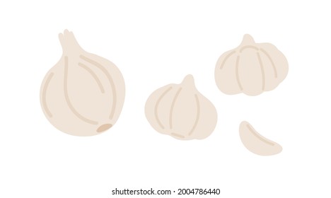 Composición de bulbo de cebolla entera, clavos de ajo y cabezas. Verduras picantes frescas. Comida orgánica aromática. Temporadas naturales. Ilustración vectorial plana aislada en fondo blanco
