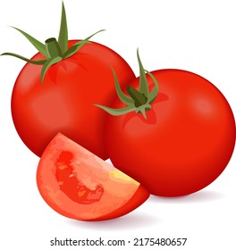 Composition of a whole, and quarter red cherry tomato for banners, flyers, posters, cards, social media. Fresh organic and healthy vegetables. Vector illustration isolated on white background