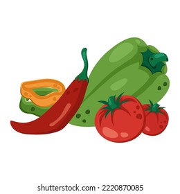 Composition of whole red, green, yellow peppers, chilli and tomatos. Fresh ripe vegetables. Ingredients for ketchup. Tasty spicy food. Vector illustration for healthy lifestyle