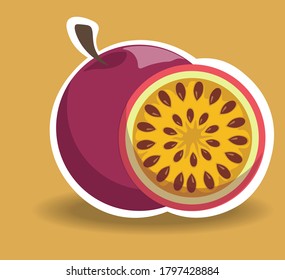 Composition of whole and sliced passion fruit. Healthy food. Flat style. Vector