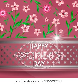 Composition with a wide decorative ribbon and pink flowers. Beautiful greeting card or banner for Women's Day.
