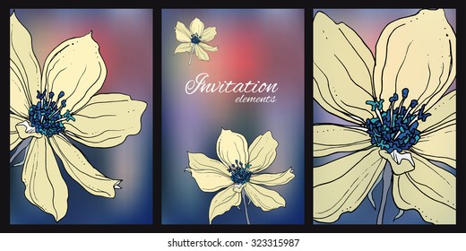 Composition with wild clematis flowers for wedding printing products: cards, invitations, menu. Pale yellow flowers on abstract dark background. 