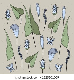 Composition of wildflowers. Vector hand drawn  illustration.  Design element for logo, label, emblem, sign, poster, menu, t shirt
