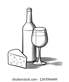Composition of wine bottle, wineglass and piece of cheese. Retro style black and white vector illustration
