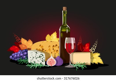 Composition of wine, cheese and herbs, decorated with grape leaves