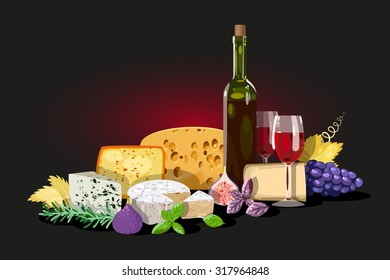 Composition of wine, cheese and herbs, decorated with grape leaves