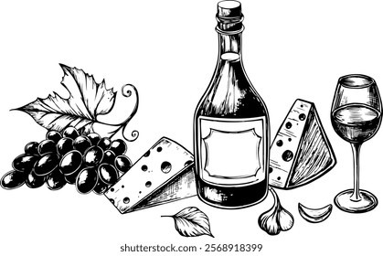Composition of wine glass, bottle, chees and grape. Vintage vector engraving illustration for web, poster, invitation to party. Hand drawn design element isolated on white background.EPS 10