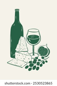 Composición de copa de vino, botella, queso y uva. Ilustración de estilo de boceto para póster o invitación a la fiesta.