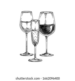 Composition of wineglasses, wine and champagne, hand drawn retro vector illustration. Template for bar menu design, vintage sketch on a white background.