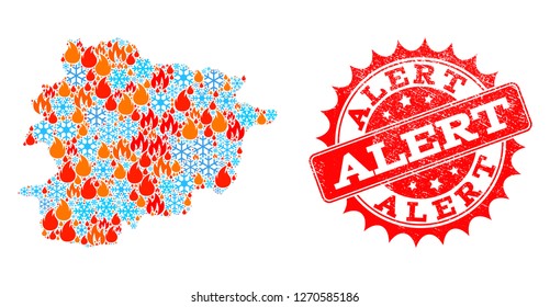 Composition of winter and fire map of Andorra and Alert grunge stamp seal. Mosaic vector map of Andorra is designed with cold and fire icons. Alert stamp has red color,