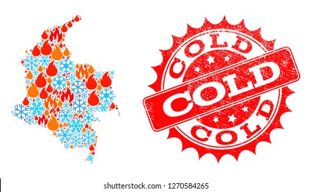 Composition of winter and fire map of Colombia and Cold grunge stamp seal. Mosaic vector map of Colombia is formed with winter and fire symbols. Cold stamp has red color,