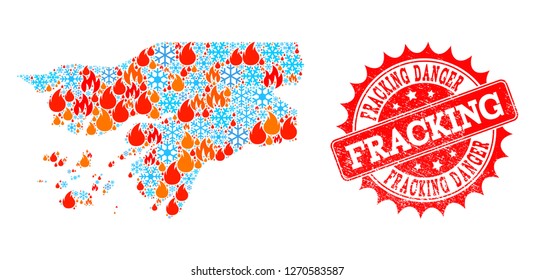 Composition Of Winter And Fire Map Of Guinea-Bissau And Fracking Danger Grunge Stamp Seal. Mosaic Vector Map Of Guinea-Bissau Is Formed With Winter And Fire Symbols.