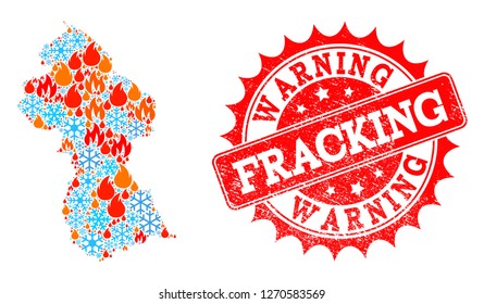 Composition Of Winter And Fire Map Of Guyana And Fracking Warning Grunge Stamp Seal. Mosaic Vector Map Of Guyana Is Composed With Winter And Fire Symbols. Fracking Warning Stamp Has Red Color,