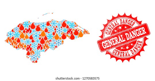 Composition of winter and fire map of Honduras and General Danger grunge stamp seal. Mosaic vector map of Honduras is formed with winter and fire symbols. General Danger stamp has red color,