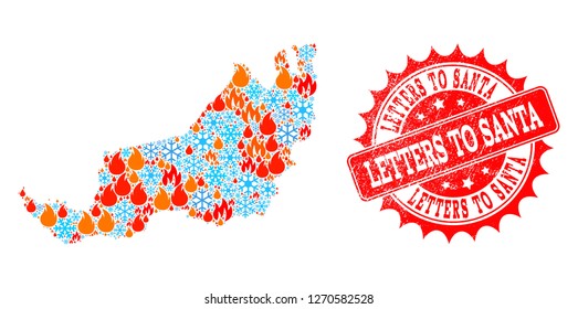 Composition of winter and fire map of Malaysian Sarawak and Letters to Santa grunge stamp seal. Mosaic vector map of Malaysian Sarawak is composed with snow and fire icons.
