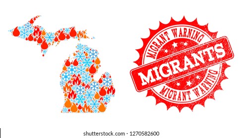 Composition of winter and fire map of Michigan State and Migrant Warning grunge stamp seal. Mosaic vector map of Michigan State is created with cold and fire symbols.