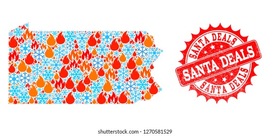 Composition of winter and fire map of Pennsylvania State and Santa Deals grunge stamp seal. Mosaic vector map of Pennsylvania State is composed with snow and fire symbols.