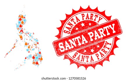 Composition of winter and fire map of Philippines and Santa Party grunge stamp seal. Mosaic vector map of Philippines is composed with winter and flame icons. Santa Party stamp has red color,