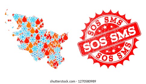 Composition of winter and fire map of Schleswig-Holstein State and Sos SMS grunge stamp seal. Mosaic vector map of Schleswig-Holstein State is created with snow and fire symbols.
